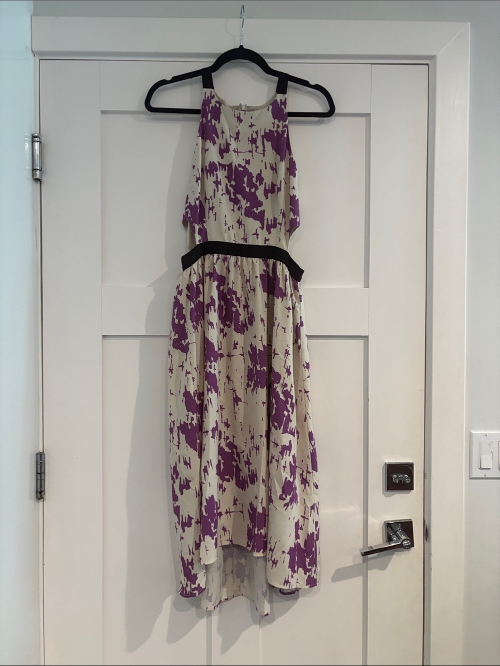 Karen Zambos Cream Dress with Black and Purple Trim